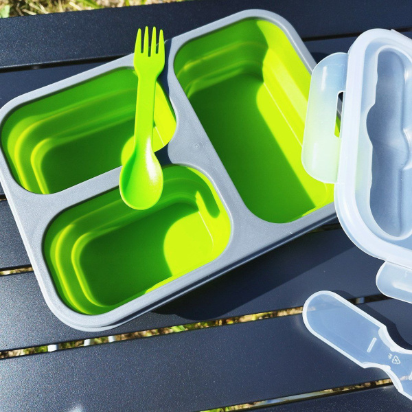 Ланч-бокс складной силиконовый с столовыми приборами, 3 отделения 1150 мл., Зеленый